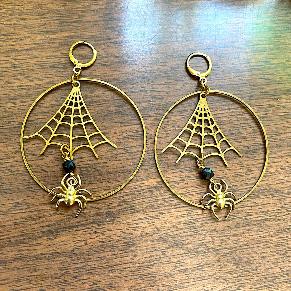 Handmade Spider and Web hoop earrings